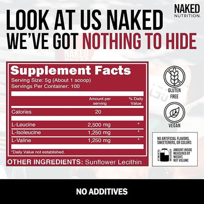 NAKED BCAAs Amino Acids Powder, Only 1 Ingredient, Pure 2:1:1 Formula, Vegan Unflavored Branched