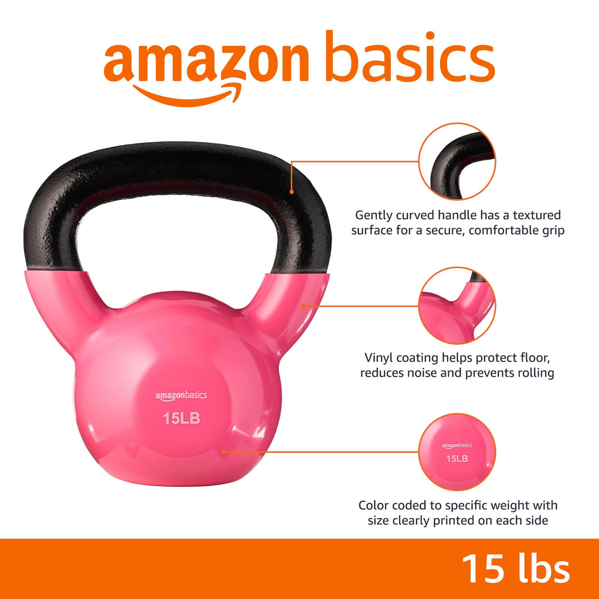 Amazon Basics Vinyl Kettlebell Weight for Strength Training, Workout, 15 Pounds, Textured Wide