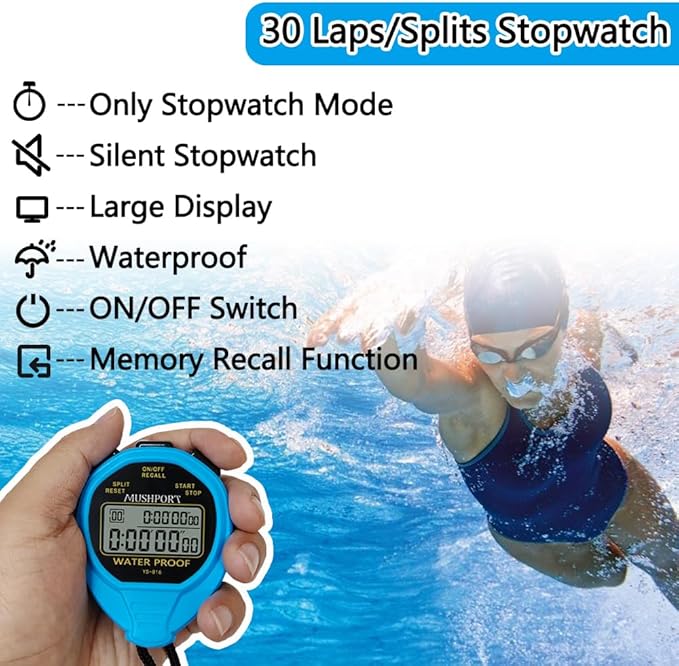 Waterproof Stopwatch Timer 30 Laps/Splits Only Stopwatch Mode, ON/Off Silent Memory Recall Simple