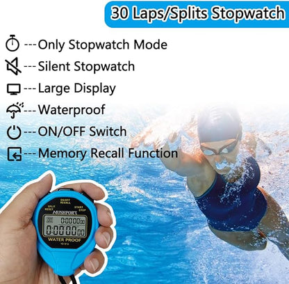 Waterproof Stopwatch Timer 30 Laps/Splits Only Stopwatch Mode, ON/Off Silent Memory Recall Simple
