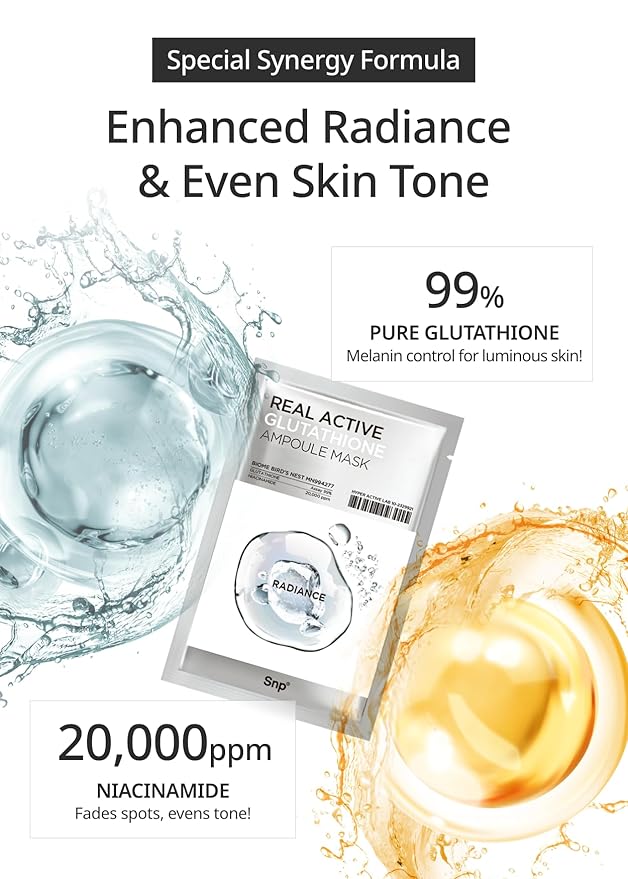 SNP Real Active Glutathione Ampoule Sheet Mask | Vegan Face Mask with Glutathione & Niacinamide |