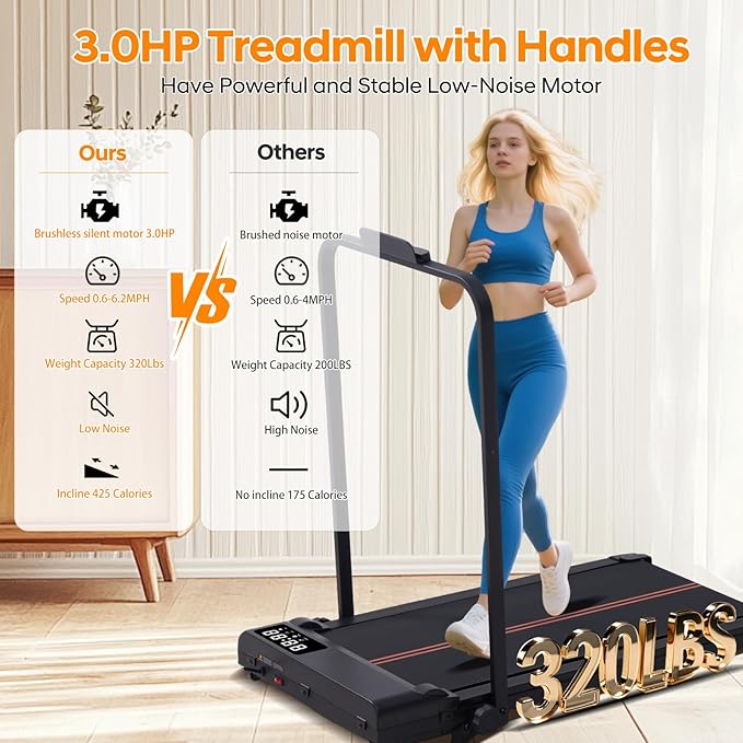 Walking Pad with Handle Bar and Incline, 3.0HP Portable Small Treadmills with Handles for Home