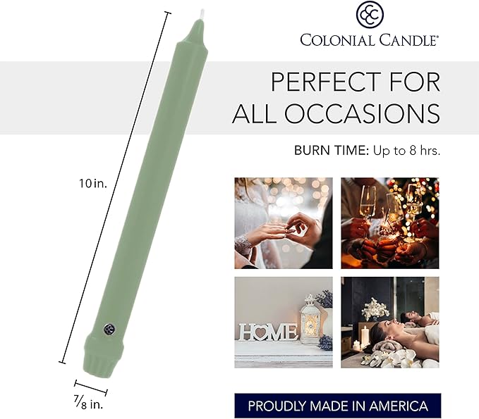 Colonial Candle Unscented Taper Candle, Classic Collection, Colonial Classic Green, 10 In, Pack of