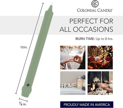 Colonial Candle Unscented Taper Candle, Classic Collection, Colonial Classic Green, 10 In, Pack of