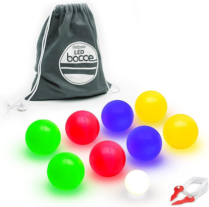 GoSports LED Bocce Ball Game Set - Includes 8 Light Up Bocce Balls, Pallino, Case and Measuring