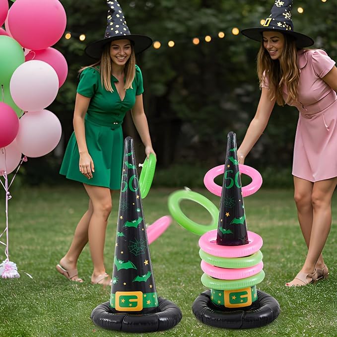 Leitee 10 Pcs Halloween Inflatable Witch Hat Ring Toss Game Set Carnival Pink and Green Inflatable