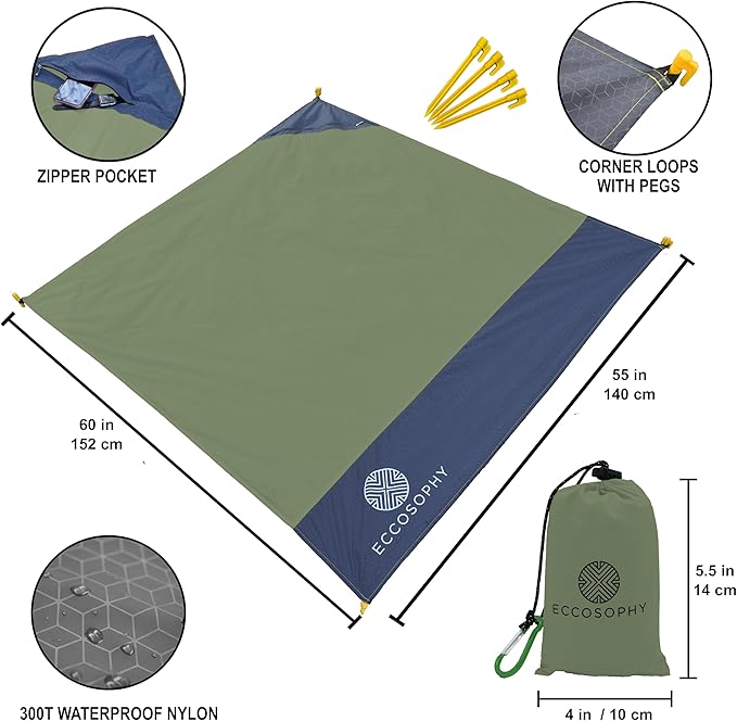 ECCOSOPHY Sand Proof Beach Blanket - Waterproof Picnic Blanket 60x55-Outdoor Compact Pocket