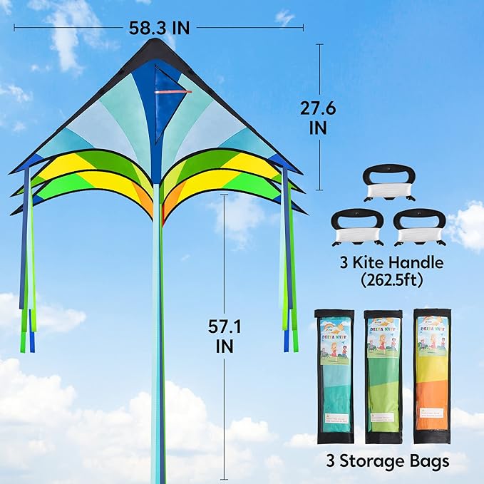JOYIN 3 Packs Large Delta Kite Green, Blue and Rainbow, Easy to Fly for Kids with 262.5 ft String