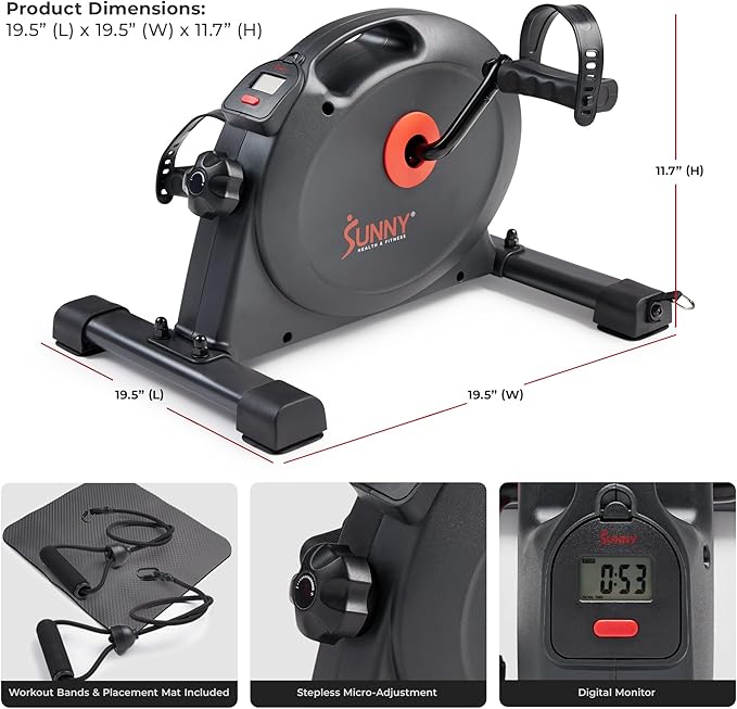 Sunny Health & Fitness Smart Under-Desk Bike Exerciser, Low-Impact Cardio Cycling Equipment for
