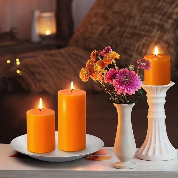 KONNI Orange Pillar Candles Set of 3, 3"x 6" Unscented Pillar Candles Bulk, 56 Hours Long Burning