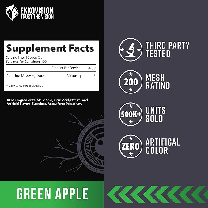 Ekkovision Creatine Monohydrate Powder, Micronized, Green Apple, Pre Workout & Post Workout