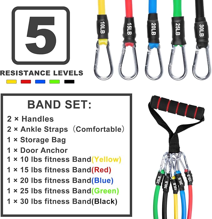 Resistance Bands Set, Workout Bands with Handles, Door Anchor, Ankle Straps and Carry Bag, Exercise