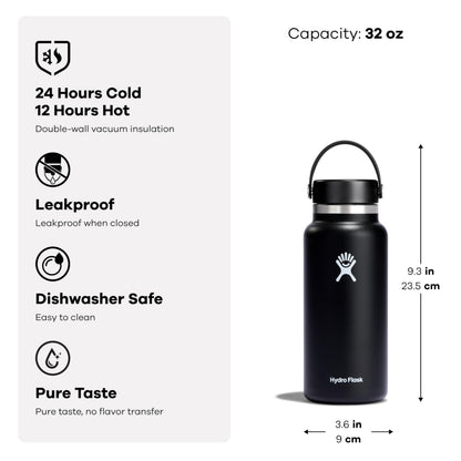 Hydro Flask Water Bottle - Insulated Stainless Steel - Wide Mouth Flex Lid, Non Spill, Leakproof