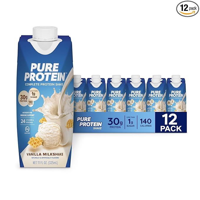 Pure Protein Vanilla Protein Shake, 30g Complete Protein, Vitamins A, C, D, and E plus Zinc to