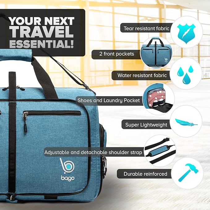 Bago Foldable Duffel Bags for Traveling Women & Men - 60L Medium Packable Duffle Bag for Travel