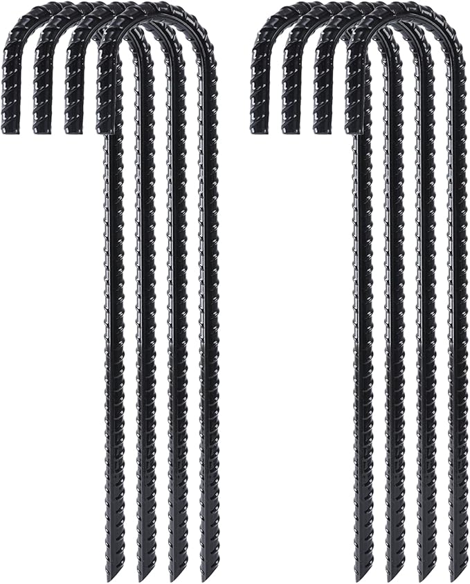 FEED GARDEN 12 Inch 8 Pack Rebar Stakes Heavy Duty J Hook, Galvanized Ground Stakes Tent Stakes