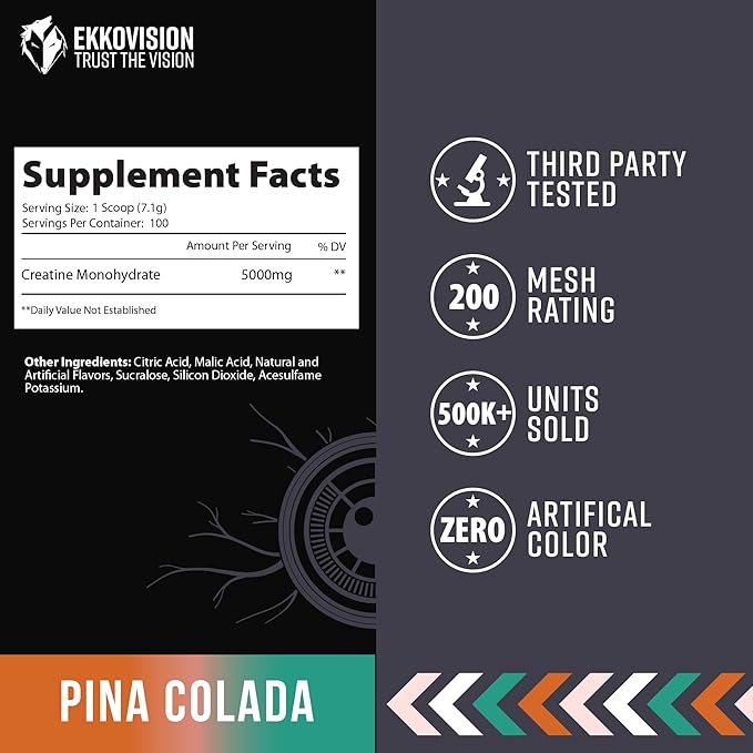Ekkovision Creatine Monohydrate Powder, Micronized, Pina Colada, Pre Workout & Post Workout
