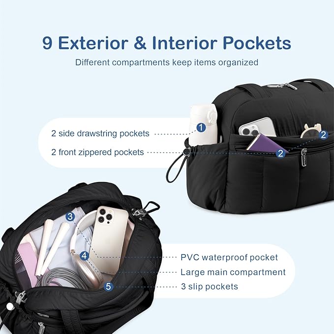 TOPDesign Travel Duffel Bag for Women, Puffer Gym Bag Sports Tote with Wet Pocket, Carry On