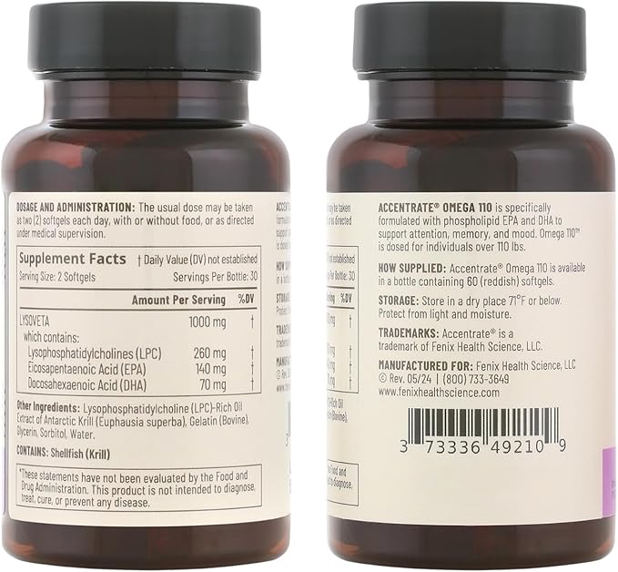 Omega 110 w/LYSOVETA LPC | EPA & DHA Supplements for Brain & Retina Health | Focus, Attention