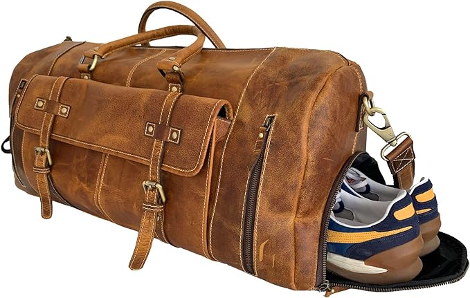 KomalC 24 Inch Leather Duffel Bags for Men and Women Full Grain Leather Travel Overnight Weekend