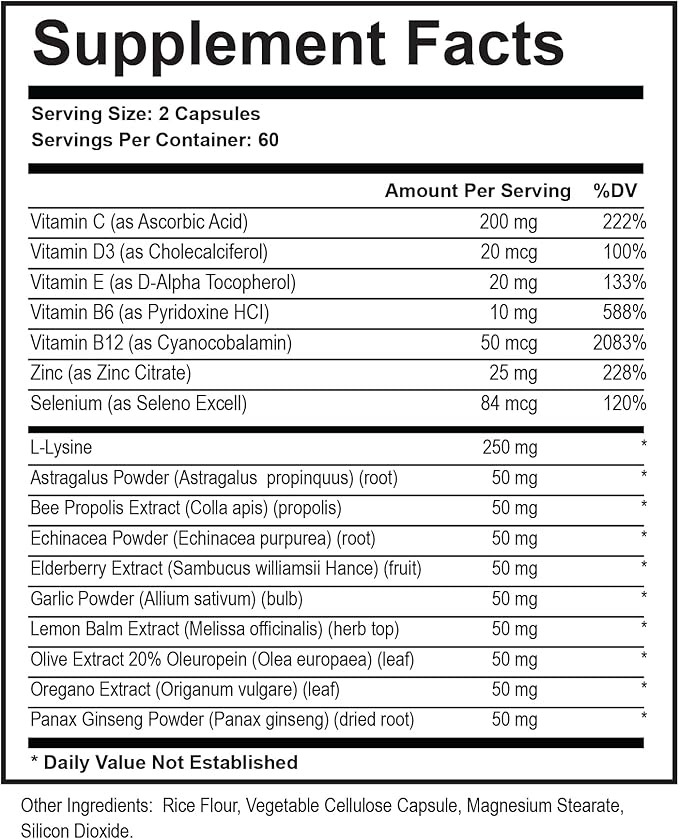 L-Lysine + Cold Sore Immune Support Supplement – with Vitamin C, Zinc, Bee Propolis, Lemon Balm &