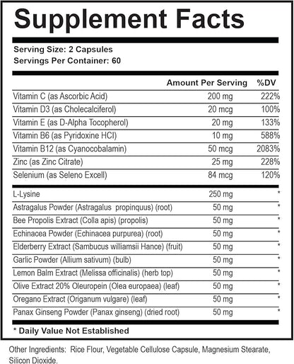 L-Lysine + Cold Sore Immune Support Supplement – with Vitamin C, Zinc, Bee Propolis, Lemon Balm &