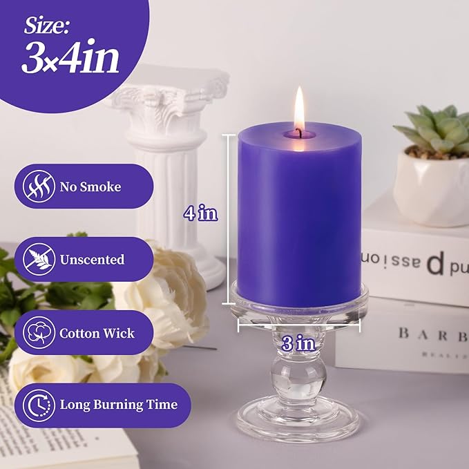 KONNI Violet Pillar Candles Set of 3, 3"x 4" Unscented Pillar Candles Bulk, 39 Hours Long Burning
