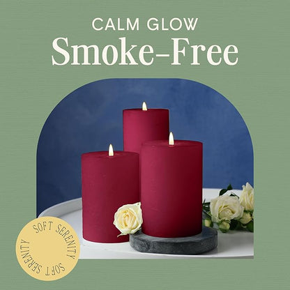 Mister Candle Dripless Unscented Pillar Candles, Set of 3 Hand Poured Burgundy Pillar Candles