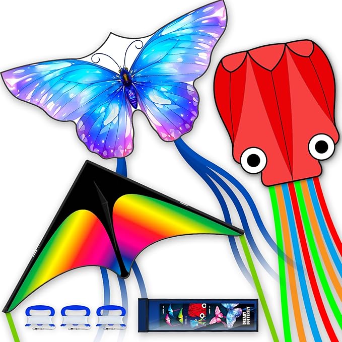 3 Piece Set Butterfly Delta Octopus Kites for Kids and Adults，Easy to Fly for Outdoor Adults