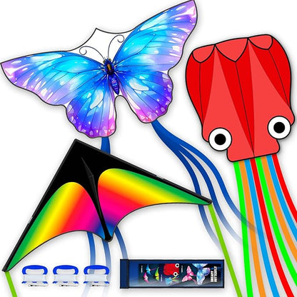 3 Piece Set Butterfly Delta Octopus Kites for Kids and Adults，Easy to Fly for Outdoor Adults