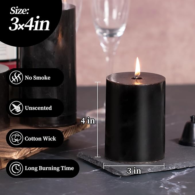 KONNI Black Pillar Candles Set of 3, 3"x 4" Unscented Pillar Candles Bulk, 39 Hours Long Burning