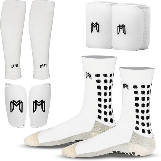Soccer Grip Socks, Shin Guards, Pre Cut Sock Sleeves, and Guard Straps Bundle Pack - Essential