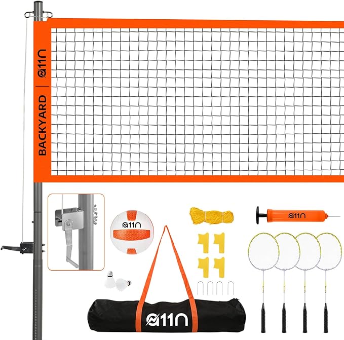 A11N Outdoor Volleyball and Badminton Combo Set - Includes Adjustable Height Anti-Sag Net