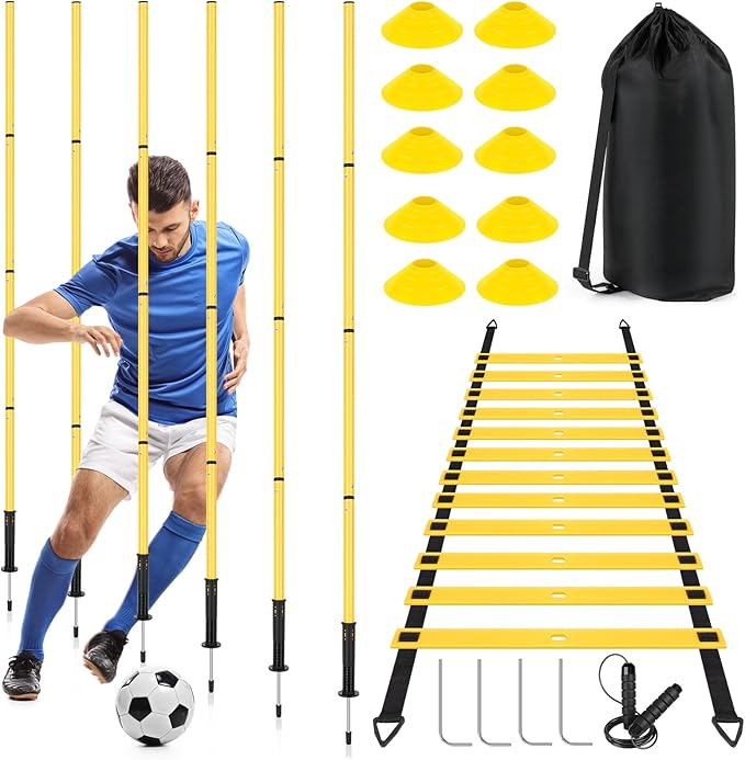 Soccer Agility Training Equipment: 6 Soccer Agility Poles, 20ft Agility Ladder, 10 Soccer Cones, 1