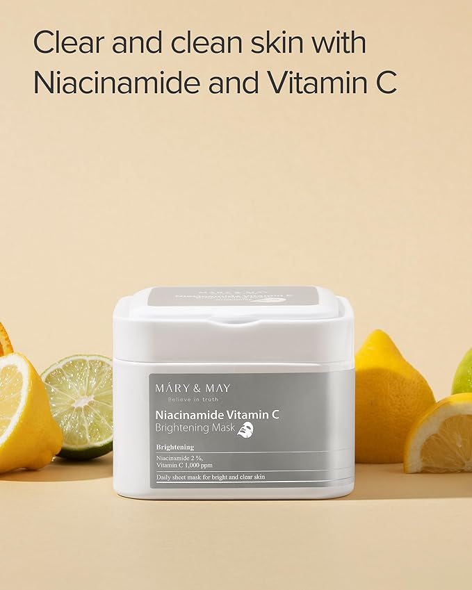 Mary&May Niacinamide Vitamin C Mask | 30 Sheets | Daily Korean Face Mask | Hydrates, Boosts