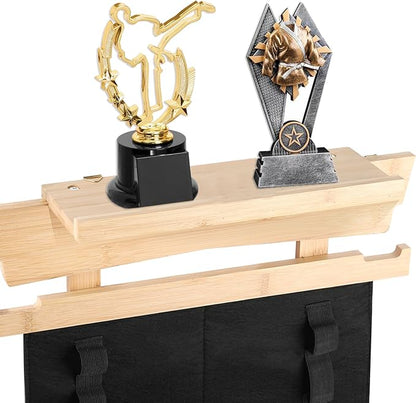 JUXYES Wall Hanging Martial Arts Belts Organizer with Trophy and Medal Display Rack, Bamboo Karate