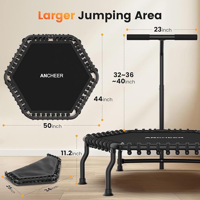 ANCHEER 50" Rebounder Trampoline for Adults- 2025 Foldable Mini Trampoline with Bar- Exercise