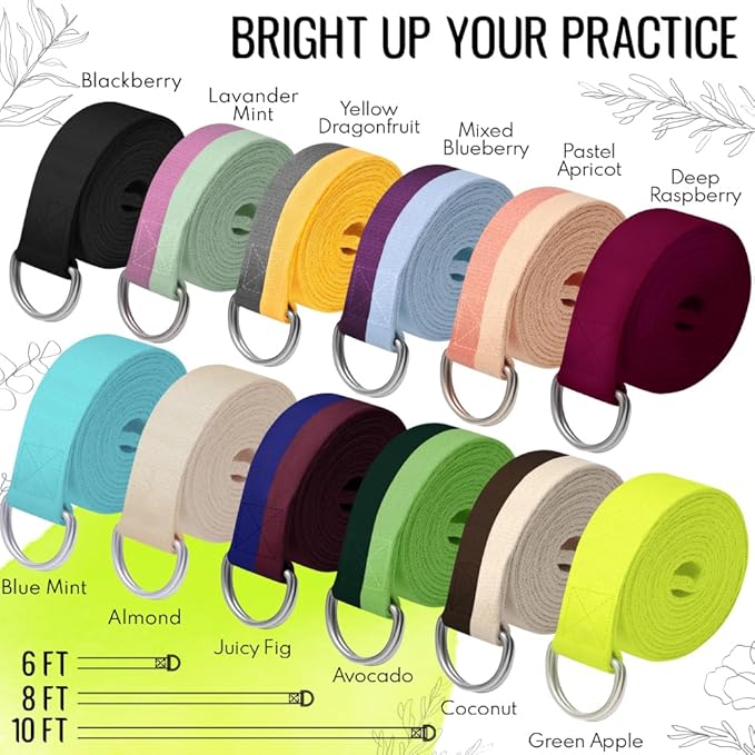 TECEUM Yoga Strap & Mat Strap – 2 IN 1 – Cotton – 6 ft 8 ft 10 ft (30+ colors) – Adjustable