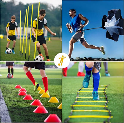 Speed & Agility Training Equipment-20ft Agility Ladder, 6 Poles, 12 Soccer Cones, Resistance