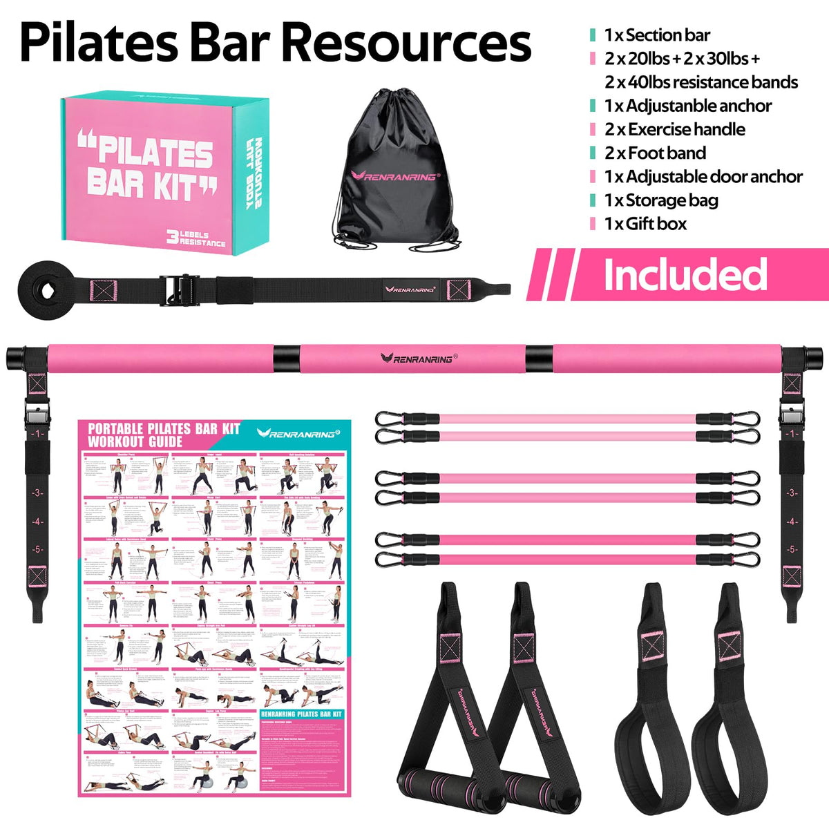 Pilates Bar Kit with 6 Latex Resistance Bands, Adjustable Exercise Bar