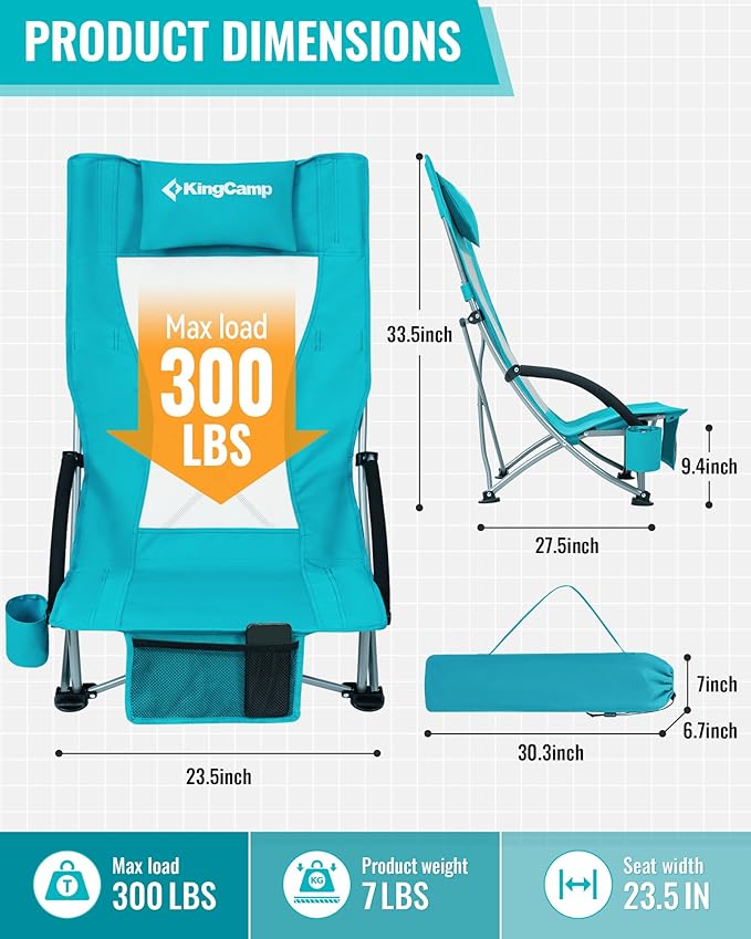 KingCamp Low Beach Chairs, Portable Folding Chair for Adults Extra Wide Ergonomic High Back Seat