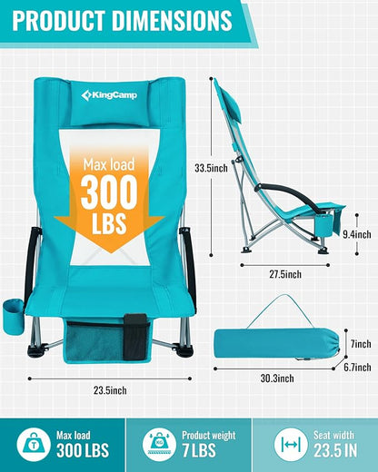 KingCamp Low Beach Chairs, Portable Folding Chair for Adults Extra Wide Ergonomic High Back Seat