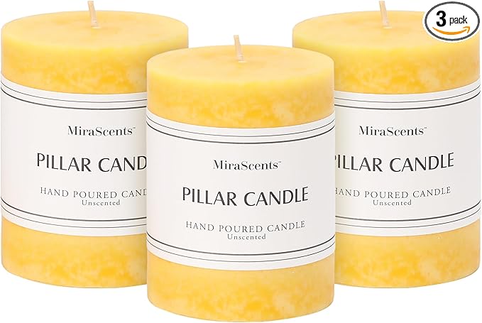 3x4 inch Yellow Pillar Candles Set of 3, Unscented Pillar Candle, Dripless and Smokeless Large