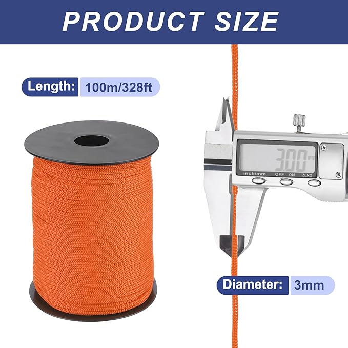 MECCANIXITY 1/8 Inch Polypropylene Rope Braided Ropes, 328ft Nylon Rope Hollow Utility Cord for