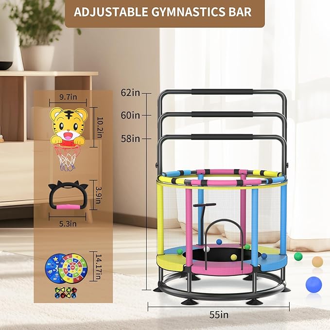 Trampoline for Kids, Full Anti-Rust 440lbs Anti-Rollover Round Bottom Toddler Trampoline