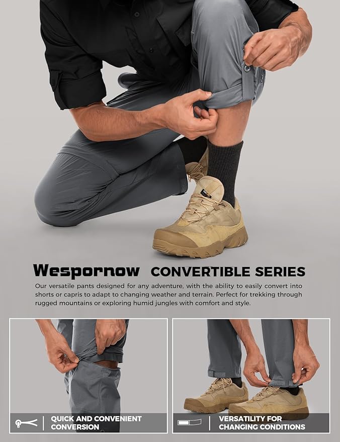 Wespornow Men's-Convertible-Hiking-Pants Quick Dry Lightweight Zip Off Breathable Cargo Pants for