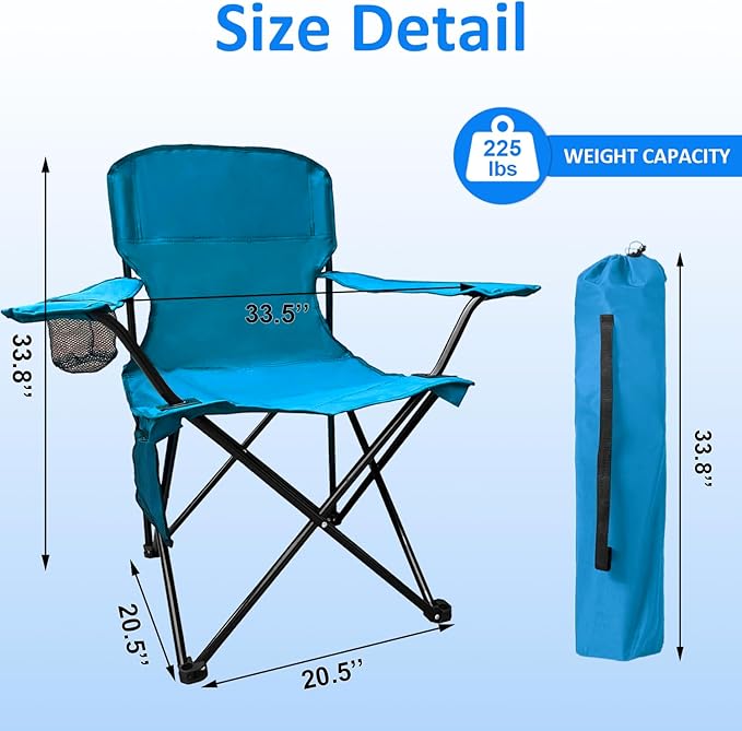 Folding Camping Chair, 225lb Capacity, Includes Cup Holder & Side Storage Bag, 5.5lbs Portable for