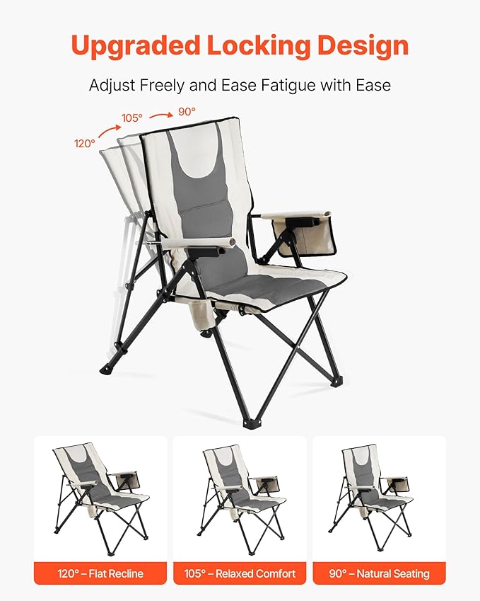 VEVOR Folding Camping Chair, 3 Reclining Positions, Outdoor High Back Camping Chair, 260lbs Weight