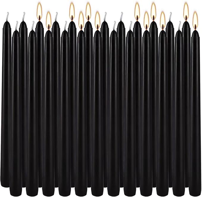 24 Pack Black Taper Candles, 7-8 Hours Burn Time, Unscented, Smokeless and Dripless, 0.75 x 10 Inch