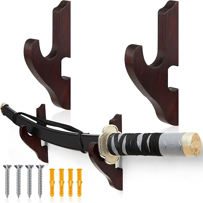 Chunful 2 Pcs Sword Wall Mount Sword Holder Katana Stand 1 Tier Hanger Adjustable Wooden Mounts for